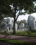 Futuristic white pod-like houses in a wooded area with a cyclist on a nearby path.