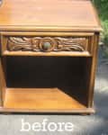 Two wooden side tables with ornate carvings, one with a closed front and the other with an open shelf, labeled "before."