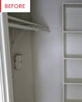 Empty closet with white shelves and hanging rods, labeled "Before."