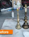 Two brass lamp bases on a garage floor with spray paint can nearby, labeled "before."