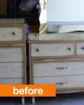 Wooden dresser with six drawers and a mirror, labeled "before" in orange text.