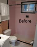 Small bathroom with pink tiles, white toilet, and cabinet, labeled "Before."