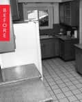 Outdated kitchen with wooden cabinets, tile floor, gas stove, and double oven, marked "before" in red.