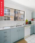L-shaped kitchen with light blue cabinets, white countertops, and various appliances including a microwave and toaster oven.