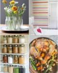 Yellow and white flowers in jars, striped wall with heart pillow, pantry jars, and roasted chicken with vegetables.