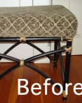 Woven stool with patterned cushion and black rattan legs labeled "Before."