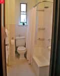 Small bathroom with white subway tiles, a shower curtain, toilet, and a window with a small plant.
