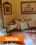 Cozy room with a daybed covered in patterned pillows, a "Come and Take It" sign, and a small framed picture on the wall.