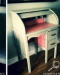 White roll-top desk with red striped interior, shown closed and open, featuring two drawers and wooden handles.