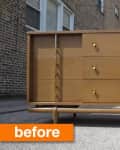 Mid-century modern wooden dresser with brass handles, labeled "before," placed outdoors on a concrete surface.