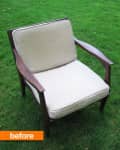 Wooden armchair with beige cushions on grass, labeled "before" in orange.