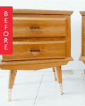 Two vintage wooden nightstands with two drawers each, labeled "Before."
