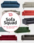 Collage of various colorful sofas surrounding a central "Sofa Squad" logo with the tagline "We sat. We lounged. We nestled."