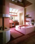 Retro bathroom with pink bathtub, skylight, round sink, and plants on shelves.