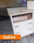 Old beige dresser with missing drawer and worn handles in a garage, labeled "before."