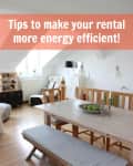 Dining room with wooden table, bench, chairs, and fruit bowl; text overlay about energy efficiency tips.