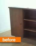 Wooden cabinet with two open shelves and a closed compartment, labeled "before," next to a dining chair.