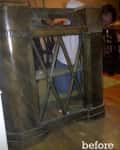 Vintage wooden radio cabinet with geometric design, person kneeling behind it, labeled "before."