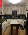 Traditional kitchen with floral wallpaper, white cabinets, dark countertops, wooden island, and a dog near the oven.