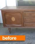 Vintage wooden sideboard with three central drawers and two cabinet doors, labeled "before" in orange.