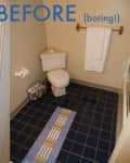 Two bathroom views with different tile floors; one with black and white tiles, the other with dark tiles and a bath mat.