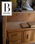 Wooden dresser with multiple drawers in a garage, labeled "Before."