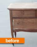 Worn wooden dresser with two small drawers and one large drawer, labeled "before" in orange.