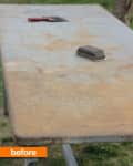 Rusty metal table with a sanding block and scraper on top, labeled "before."