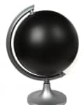 Black globe with a silver stand and axis, minimalist design.