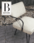 Outdoor metal chair with beige cushions on a brick patio, labeled "Before."