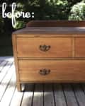 Wooden dresser with three drawers and ornate handles on a deck, labeled "before."