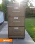 Rusty metal filing cabinet with three drawers on a patio, labeled with handwritten notes, and a "before" tag.
