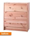 Unfinished wooden dresser with three drawers and round knobs, labeled "before" in orange.