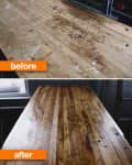 Wooden table before and after restoration, showing a transformation from stained to polished surface.