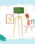 Green floor lamp, abstract wall art, round table with red flowers in a vase, and a Scorpio zodiac symbol.