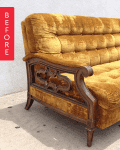 Vintage mustard yellow tufted sofa with wooden armrests on a sidewalk, labeled "Before" on a red banner.