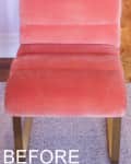 Coral velvet chair with gold legs on a beige carpet, labeled "BEFORE."