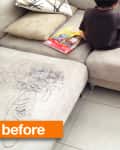 Child sitting on a beige sofa with scribbles, holding a magazine, labeled "before."