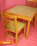 Wooden table and chairs with decorative backrests on a pink background, labeled "before."