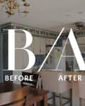 Kitchen with white cabinets, blue walls, wooden dining table, and bar stools, featuring "Before/After" text overlay.
