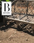 Worn outdoor metal bench with lattice backrest on dirt ground, labeled "Before."