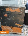Worn black and orange wooden dresser with peeling paint, labeled "before."