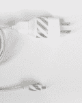 White USB charger with gray diagonal stripes and a coiled cable.