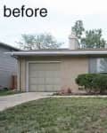 Split-level house with beige siding, red door, garage, and overgrown lawn.