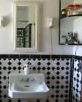 Bathroom with black and white tiles, a framed wave art, flowers on toilet, and a wall mirror above the sink.