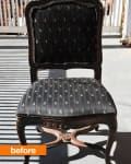 Ornate wooden chair with black floral upholstery, labeled "before."