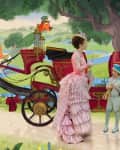 Victorian woman and children in colorful attire by a horse-drawn carriage in a vibrant, animated garden setting.