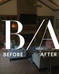 Living room with brick flooring, wooden beams, built-in shelves, and a large TV. "Before/After" text overlay.