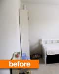 Simple bedroom with a white daybed, wooden chair, and a tall shelf, labeled "before" in orange.