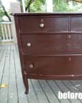 Brown wooden dresser with four drawers on a deck, labeled "before."